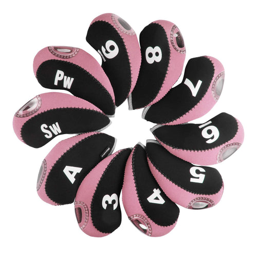 Andux Number Print Golf Iron Club Head Covers With Transparent Window 10Pcs/Set Black/Pink