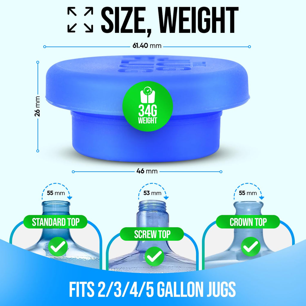 The Jug Plug Original 5 Gallon Water Jug Cap Reusable - No Spill Silicone 3 & 5 Gallon Water Jug Lid Fits 55Mm Bottles - Easy-To
