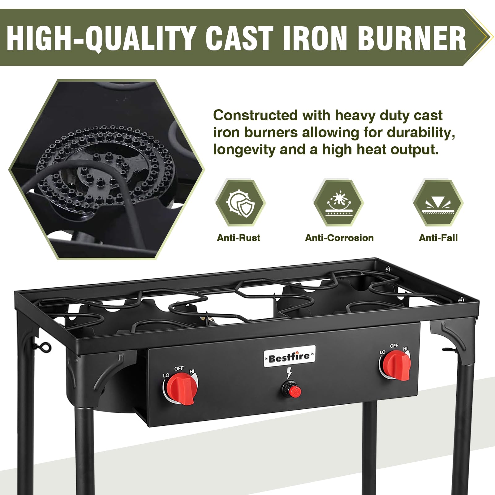 Bestfire 2 Burner Camping Stove,150,000 Btu High Pressure Outdoor Propane,4Ft 20 Psi Adjustable Regulator Hose With Removable Le