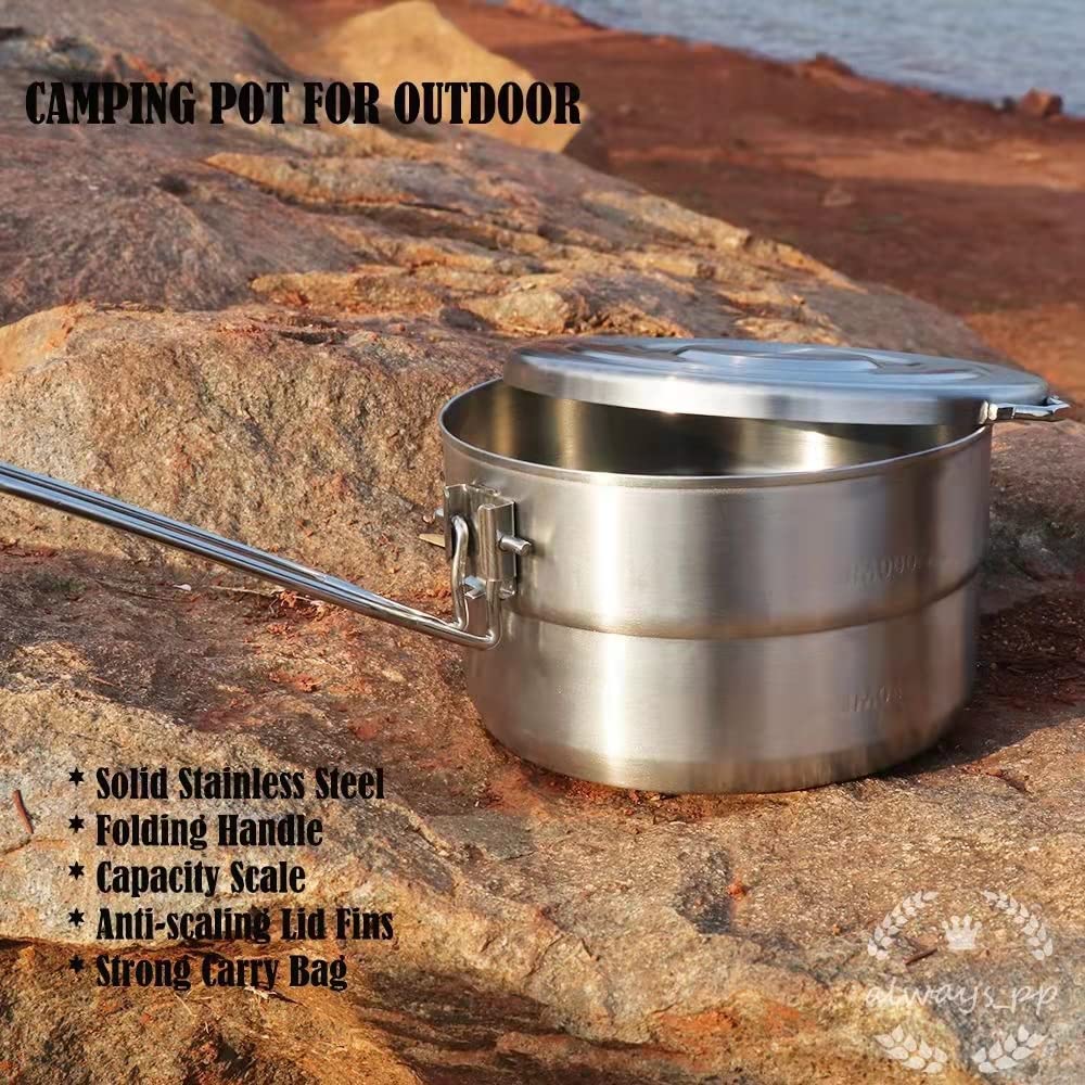 Pwpam Outdoor Cooking Pot Stainless Steel Camping Pot Large Capacity Pot Applicable For Camping Hiking And More Outdoor Activiti