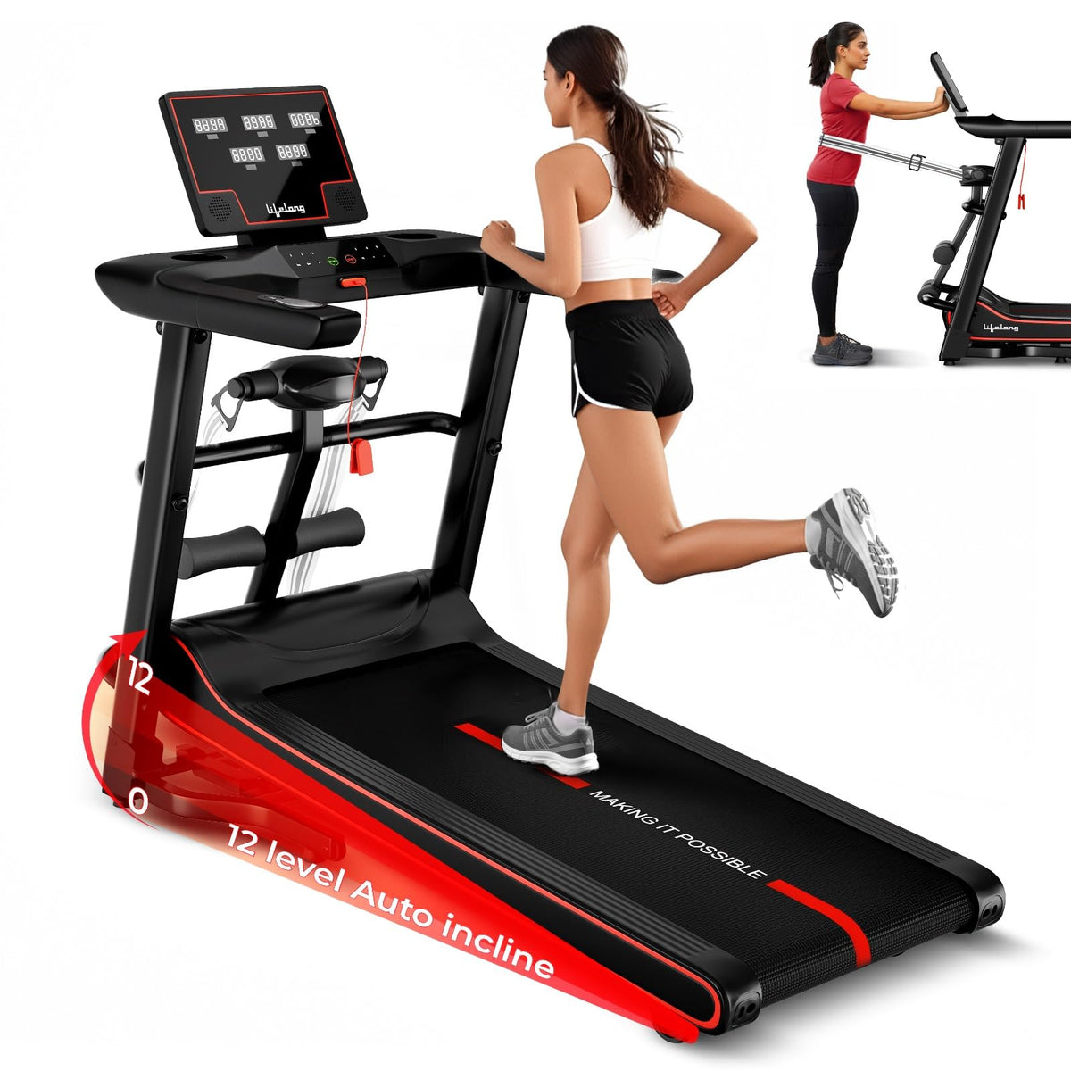 Lifelong Fitpro Treadmill | 5Hp Brushless Motor | 12 Level Auto Incline With Massager | Max Speed 14 Km/Hr |Bluetooth | Fitshow
