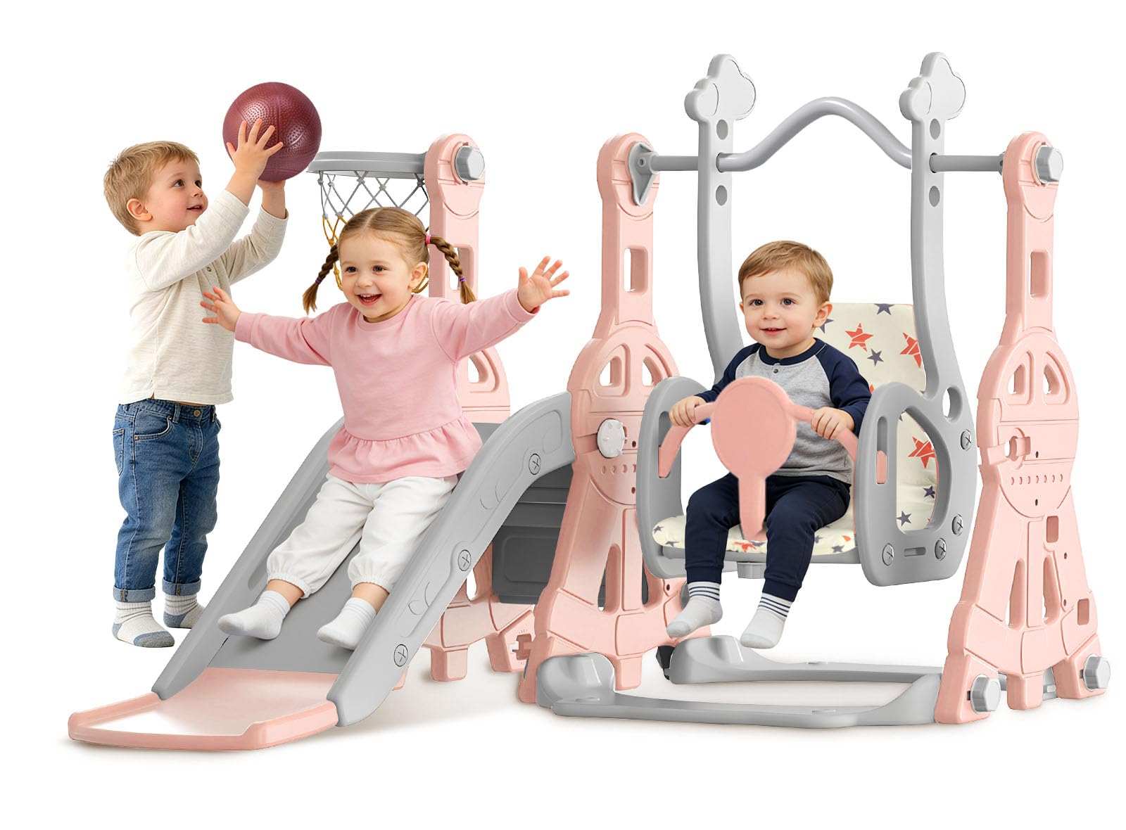 BIERUM Toddler Slide and Swing Set - Baby Slide for Toddlers Age 1-2, with Basketball Hoop, Indoor Outdoor Playset Pink Gray