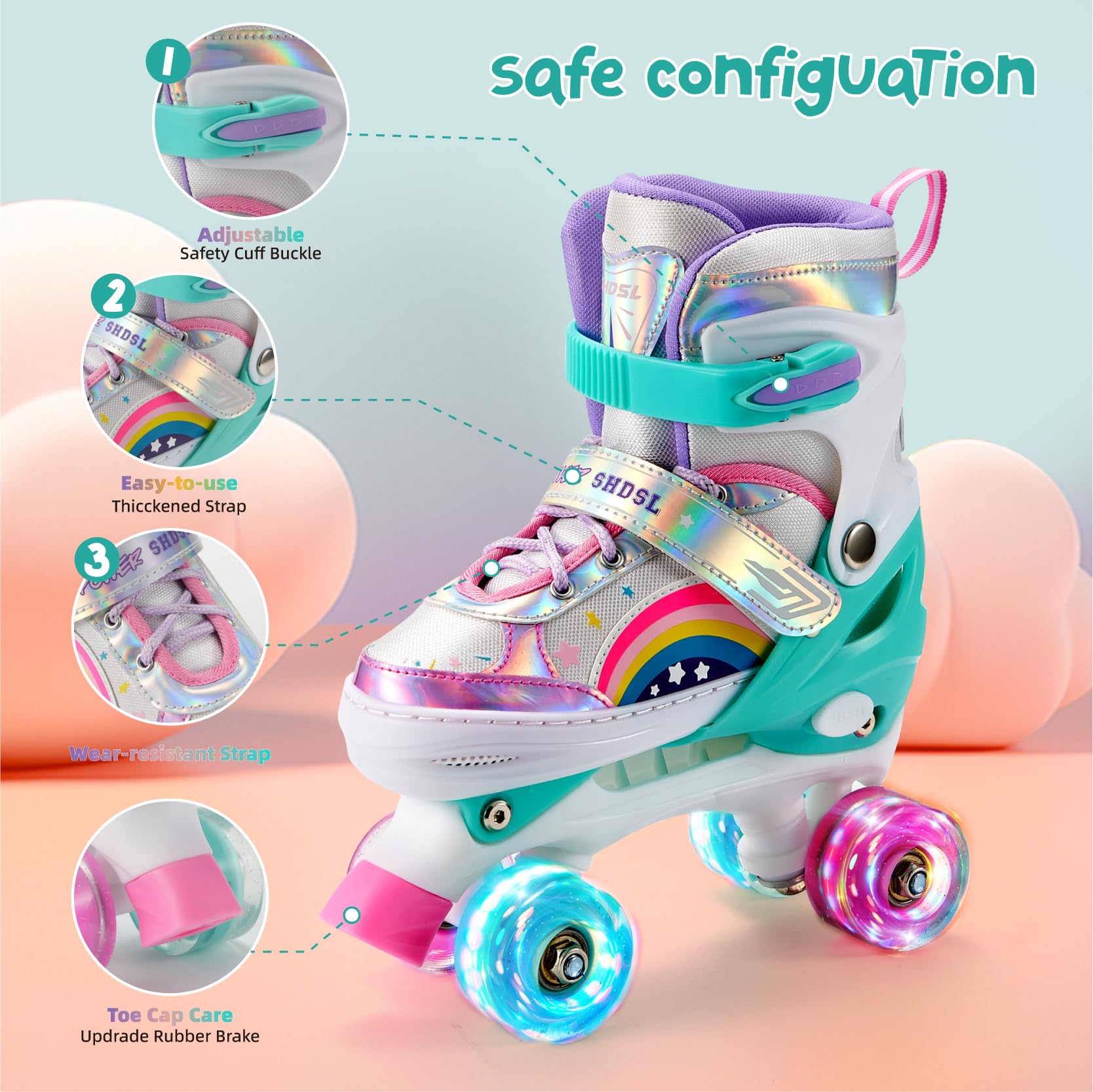 SHDSL Girls Roller Skates 4 Size Adjustable Kids Roller Skates for Girls, Purple Pink Roller Skate for Boys Toddlers, Beginner K