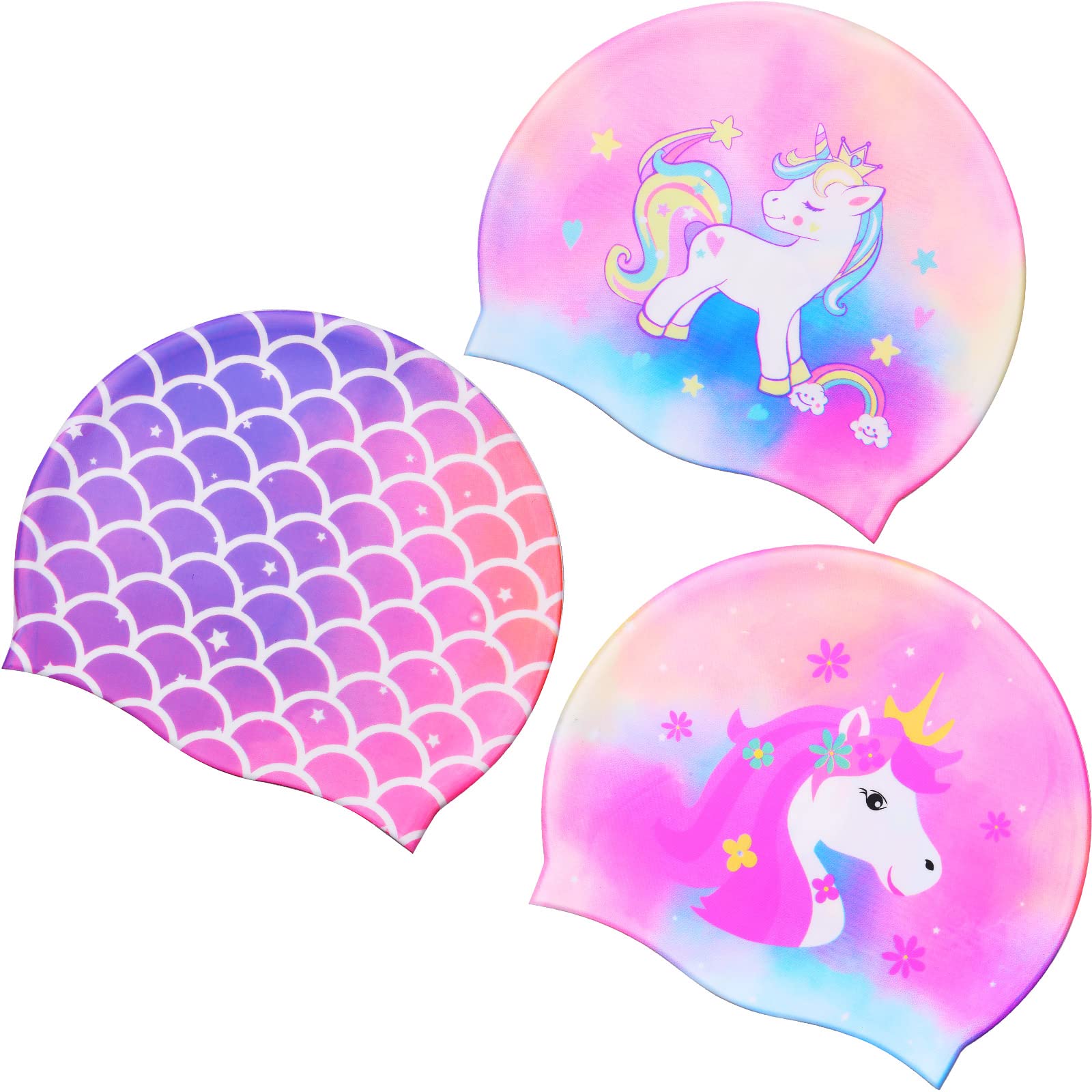 Syhood 3 Pcs Kids Swim Caps Baby Waterproof Bathing Caps Children Cartoon Swimming Hat for Long Short Hair Kids Boys Girls (Brig