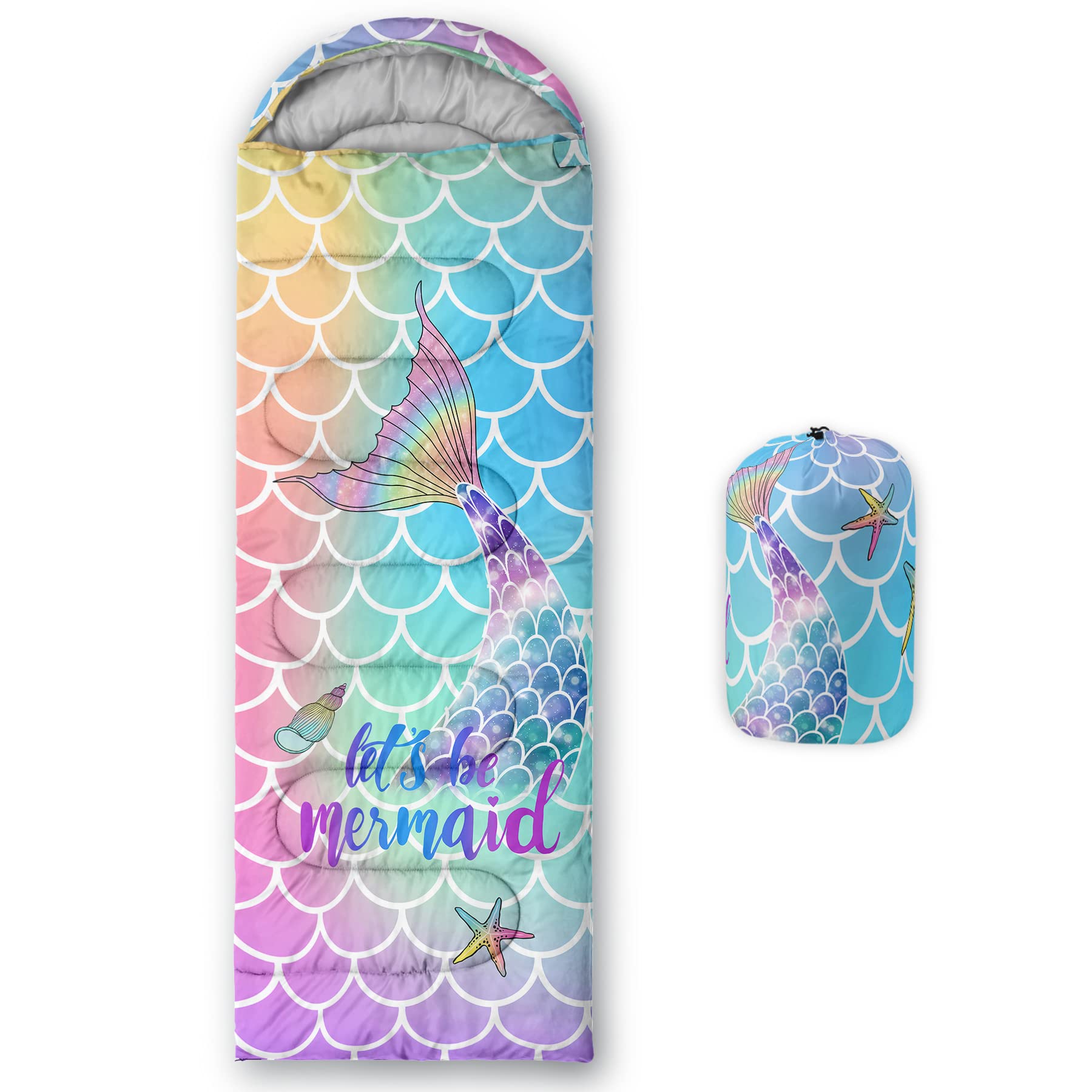 Qoomo Mermaid Printed Camping Sleeping Bags,3 Season Warm & Cool Weather,Lightweight,Waterproof Sleeping Bags For Adults & Kids,