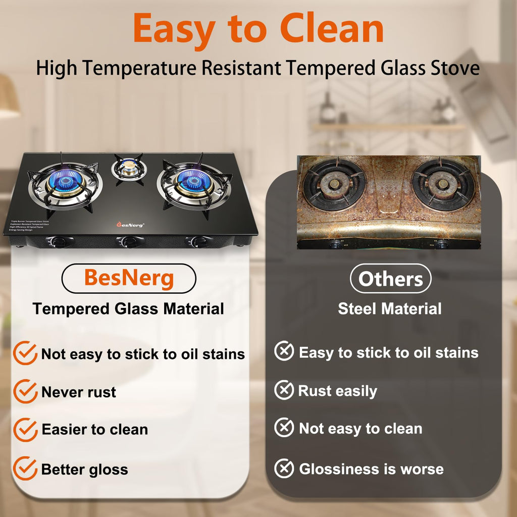 Besnerg Propane Stove 3 Burner Gas Stove, 34000 Btu High-Efficiency Auto Ignition Tempered Glass Lpg Cooktop With Csa Regulator