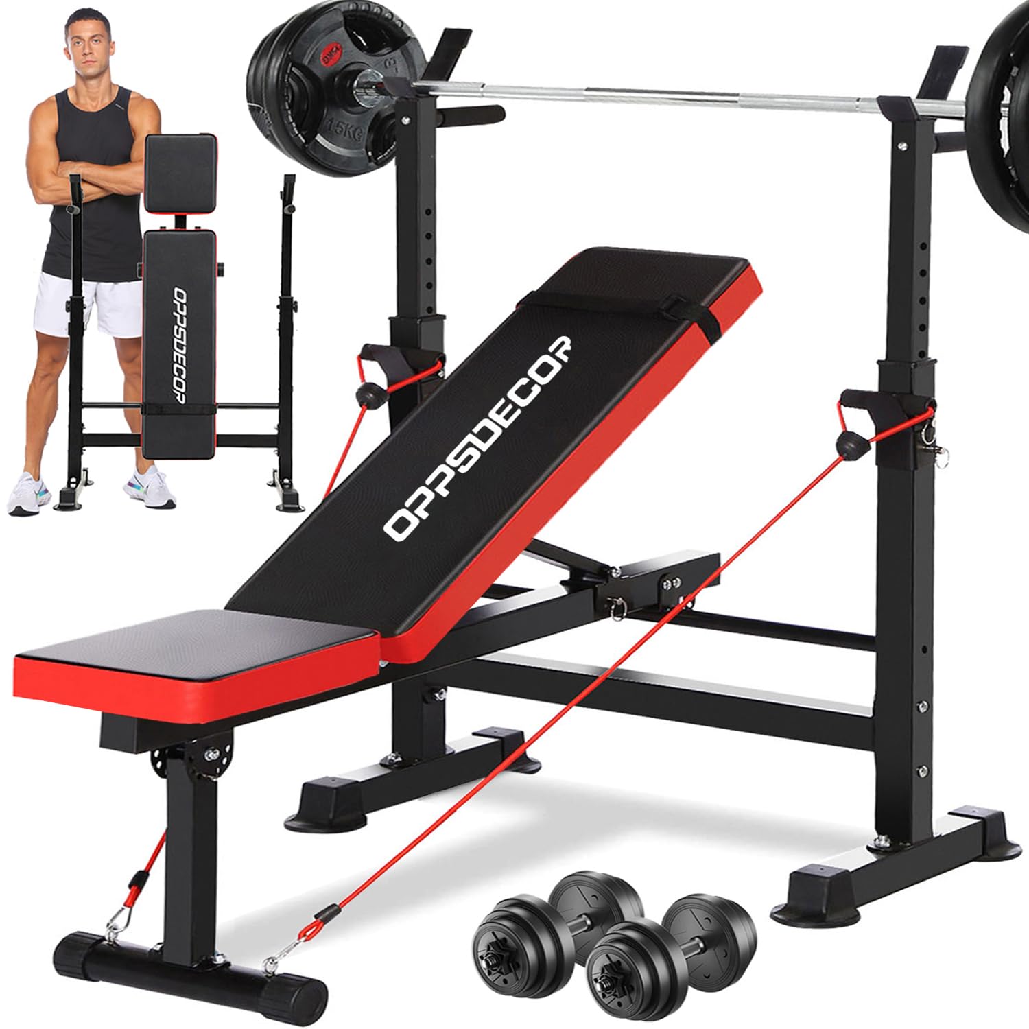 Oppsdecor 6 In 1 600Lbs Weight Bench Set With Squat Rack, Bench Press Set With Barbell Rack, Adjustable Incline Strength Trainin