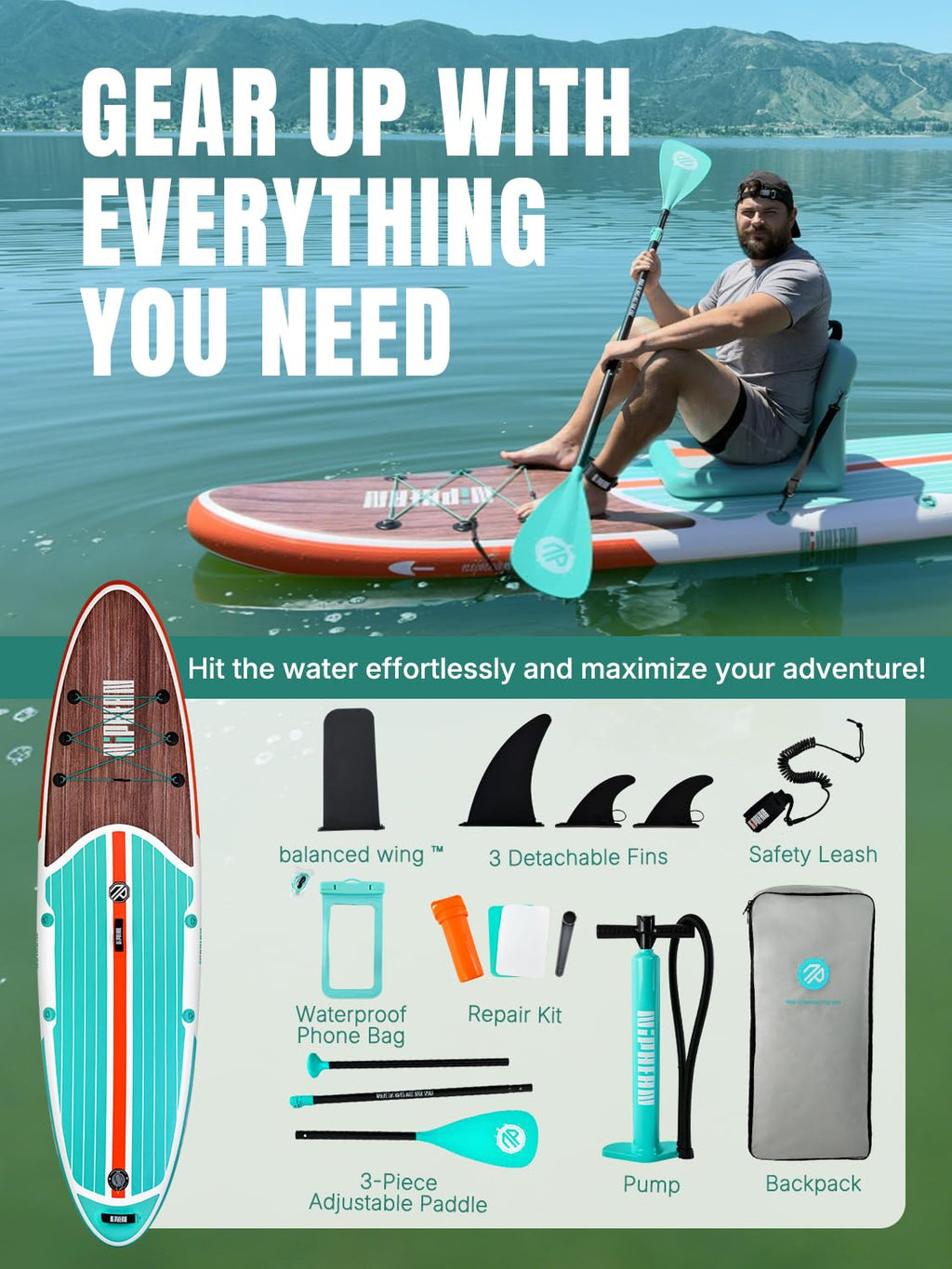 Niphean Inflatable Stand Up Paddle Board with Balanced Wing Design and SUP Accessories, Anti-Slip EVA Deck, 106 Inflatable Paddl
