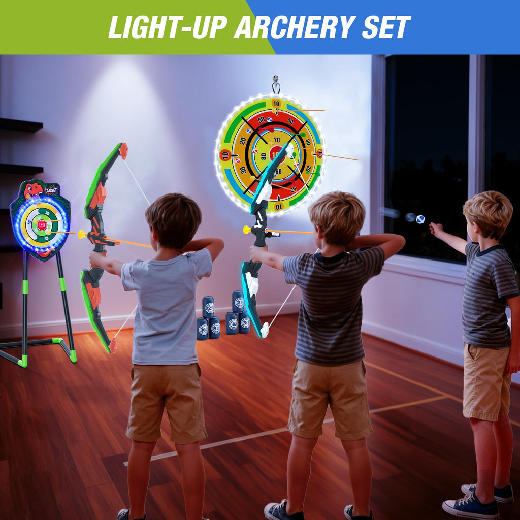 HYES 2 Pack Kids Bow and Arrow with 29 Large Dart Board, LED Light Up Archery Set with 24 Suction Cup Arrows, Indoor Outdoor Spo