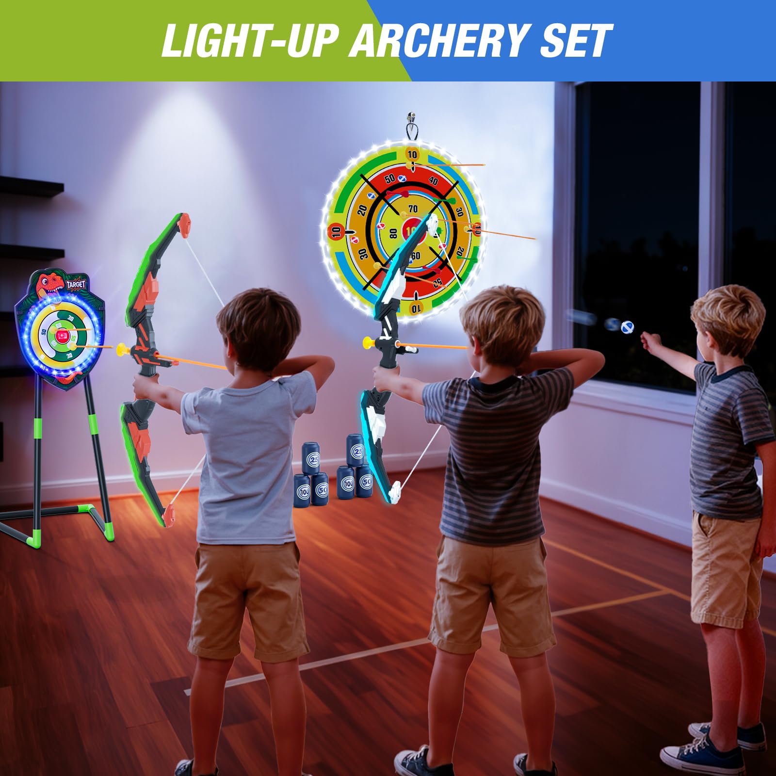 HYES 2 Pack Kids Bow and Arrow with 29 Large Dart Board, LED Light Up Archery Set with 24 Suction Cup Arrows, Indoor Outdoor Spo