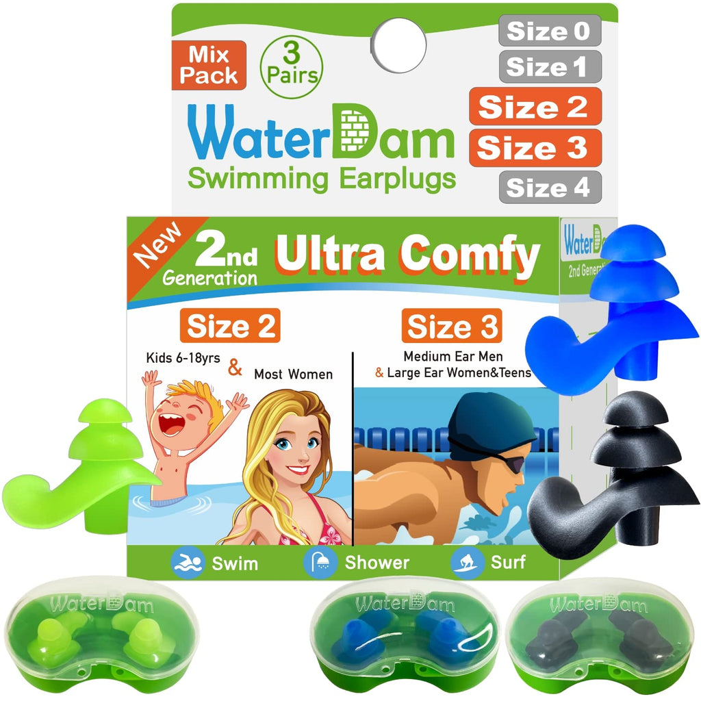 Waterdam Swimming Ear Plugs Great Waterproof Ultra Comfy Earplugs Prevent Swimmer'S Ear (Size 2+3+3: Small Ear Men (Green) & Lar