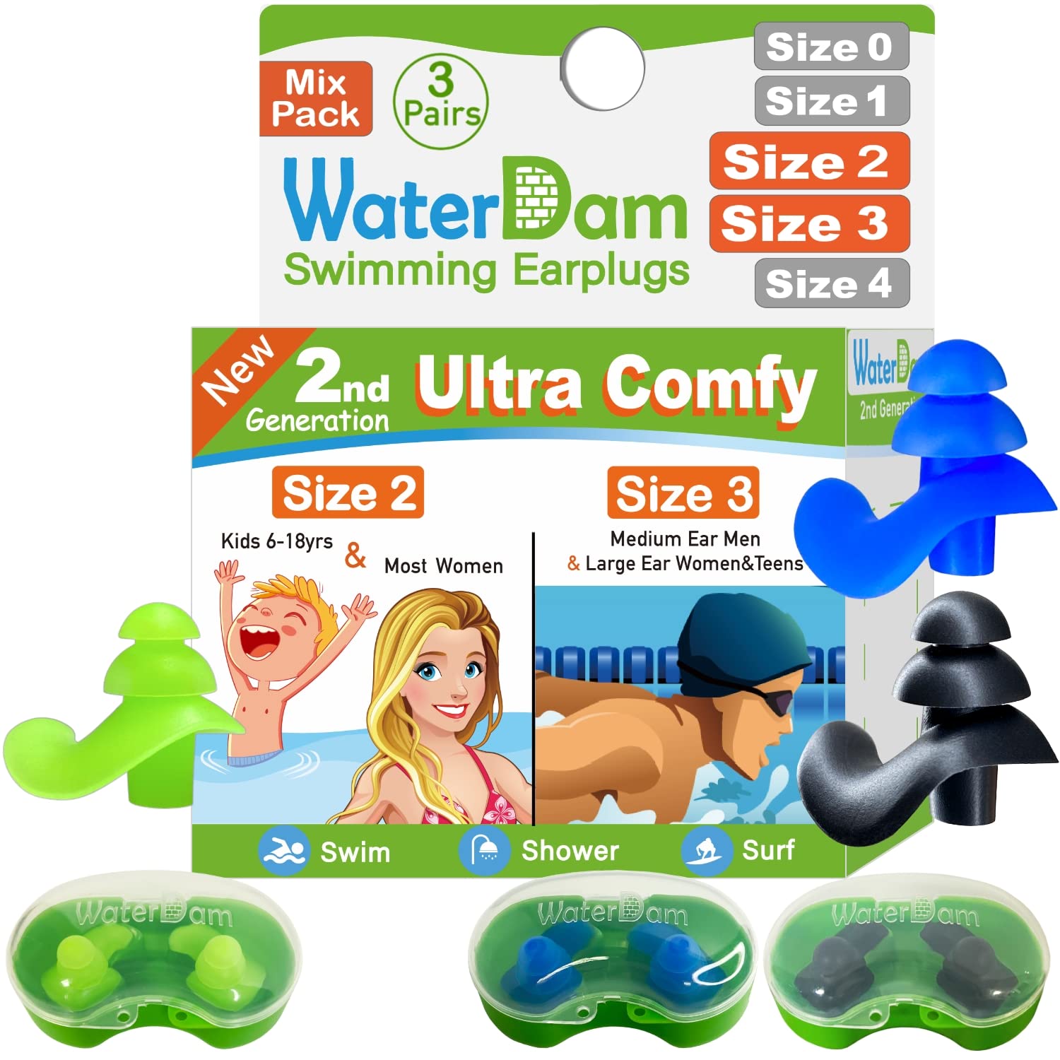 Waterdam Swimming Ear Plugs Great Waterproof Ultra Comfy Earplugs Prevent Swimmer'S Ear (Size 2+3+3: Small Ear Men (Green) & Lar