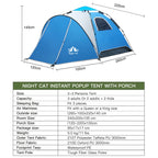 Night Cat Pop Up Tent 2-3 Persons Instant Set Up Tent with Footprint Tarp & Porch, Automatic Double Layer Waterproof Camping Ten