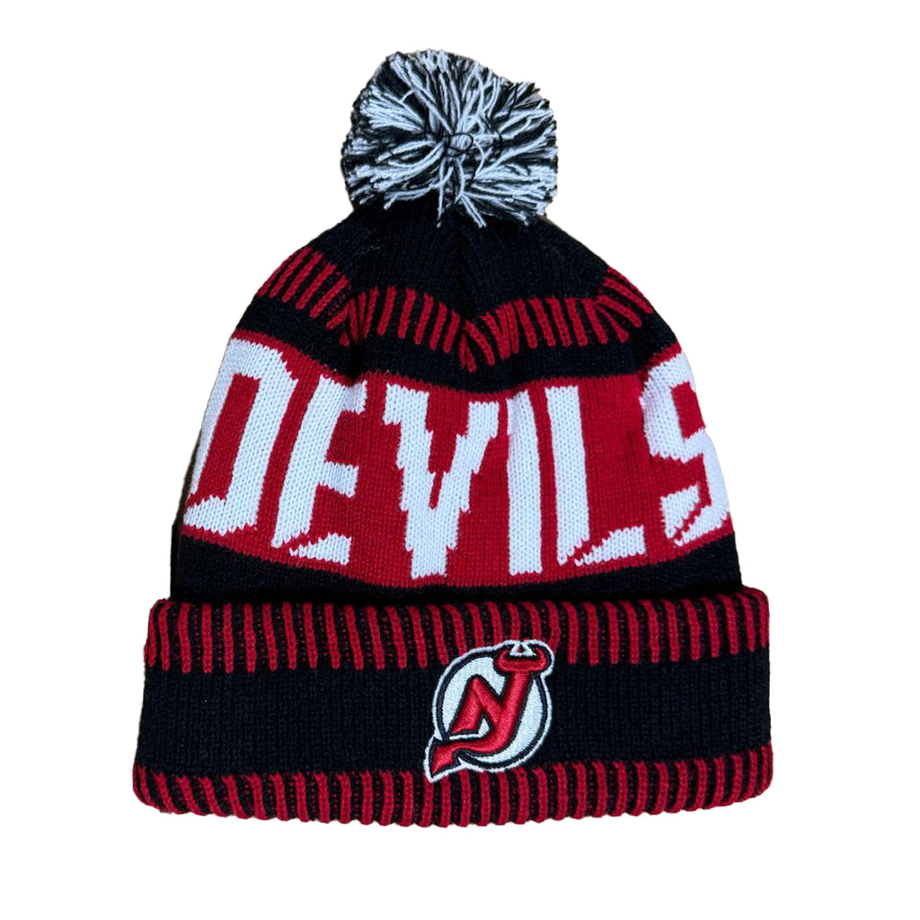 Outerstuff Nhl Kids Youth 8-20 One Size Team Color Primary Logo Sports Tech Knit Cold Weather Hockey Pom Beanie Hat - New Jersey