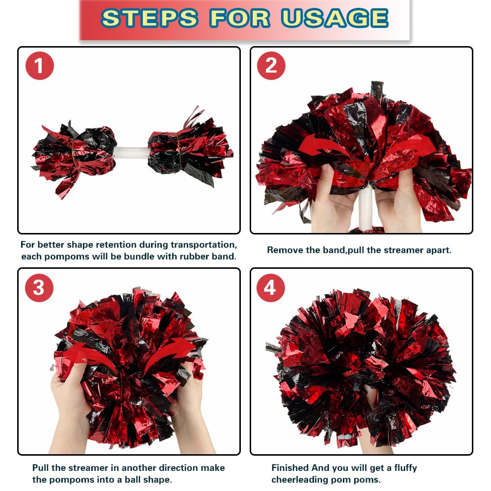 Lovecheer 2Pcs Pom Poms Cheerleading Metallic Black And Red Cheer Pom Poms With Baton Handle For Sports Team Spirit Dance Party