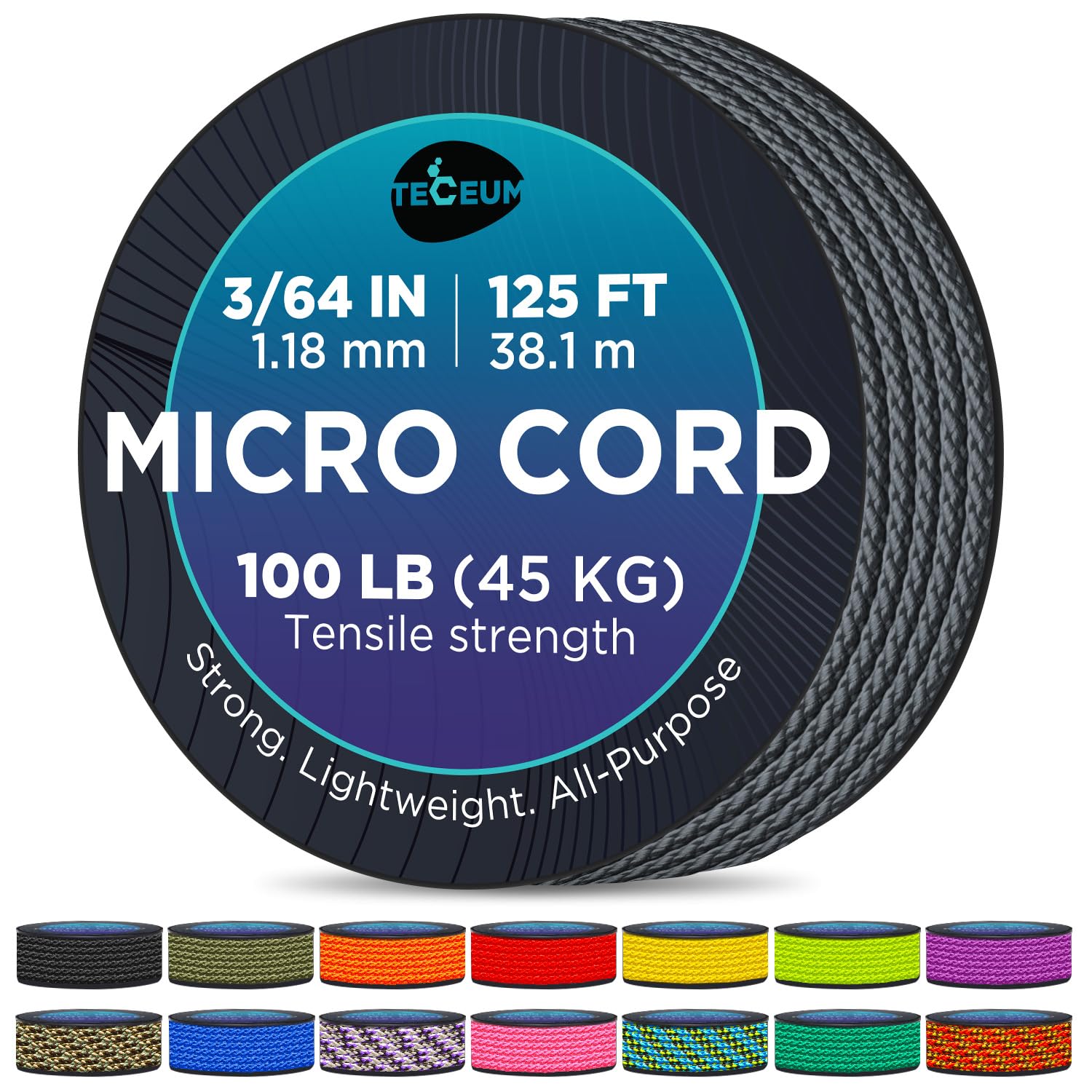 Teceum Micro Paracord - Graphite Gray - 1.18 Mm X 125 Ft - Micro Utility Cord - Thin Braided Paracord Rope Nylon Polyester - Win