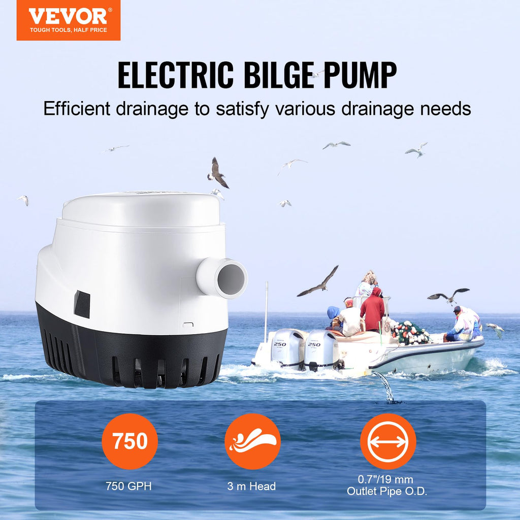 Vevor Bilge Pump, 750Gph 12V Automatic Submersible Boat Bilge Water Pump With Float Switch, 0.7'' Outlet Diameter, Small Boat Bi