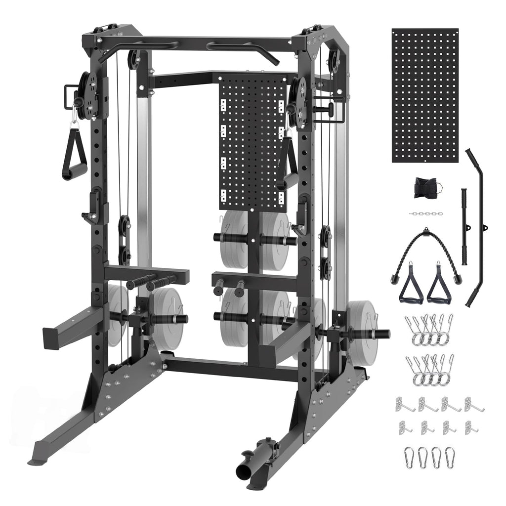 Power Cage, 2000 LB Squat Rack with Dual Pulley Cable Crossover, Multi-Function Home Gym Power Rack with Attachments, Full Body 