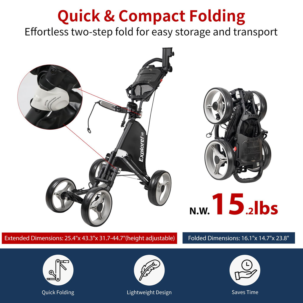 Caddytek 4 Wheel Golf Push Cart - Compact, Lightweight, Close Folding Push Pull Caddy Cart Trolley - Explorer V8, Silver, One Si
