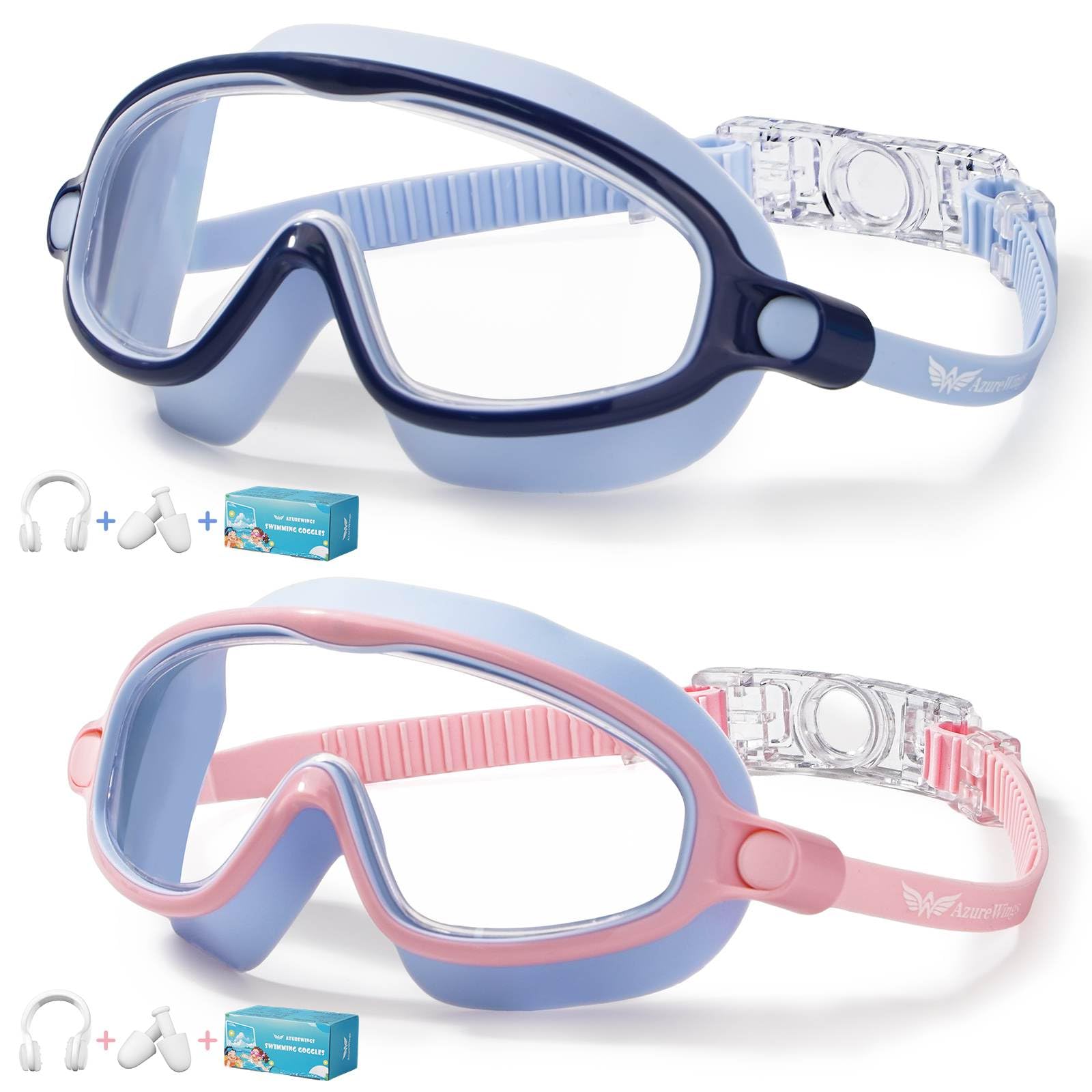 AzureWings 2 Pack Swim Goggles for Kids, No Leak Anti-Fog Anti-UV Swimming Goggles for Boys Girls Children 4-14 (Dark Blue & Pin