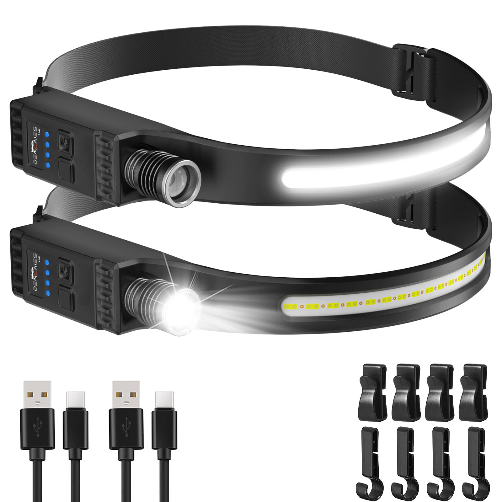 Demlaies Headlamp Rechargeable with Red Light, 2 Pack Super Bright 230 Wide Beam Head Lamp, 30 Hrs Runtime, 8 Modes Waterproof L