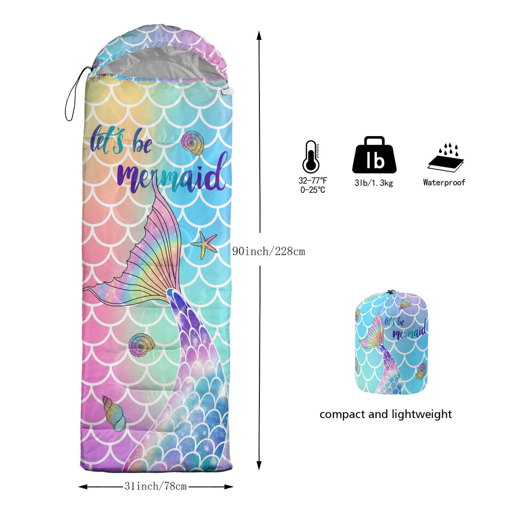 Datura Home Kids Sleeping Bag For Girls,Mermaid Rainbow Scales-Lightweight Warm Outdoor Indoor-Waterproof Cold Weather Resistant