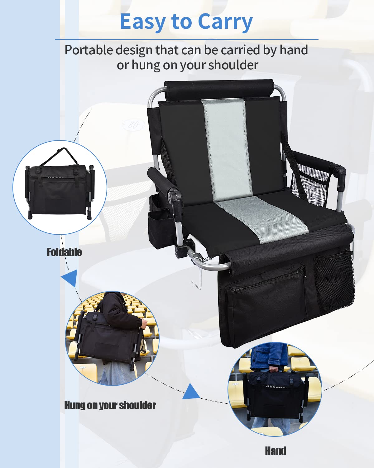 Aooximi Stadium Seats With Back Support, Folding Bleacher Seat With Cup Holders, Mesh Bags And Hide Hooks, Portable Wide Bleache