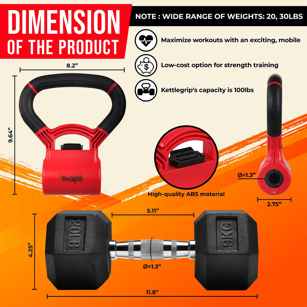 Combo Kettle Grip (Single) + Rubber Hex Dumbbell (Single) - 30Lbs - Red