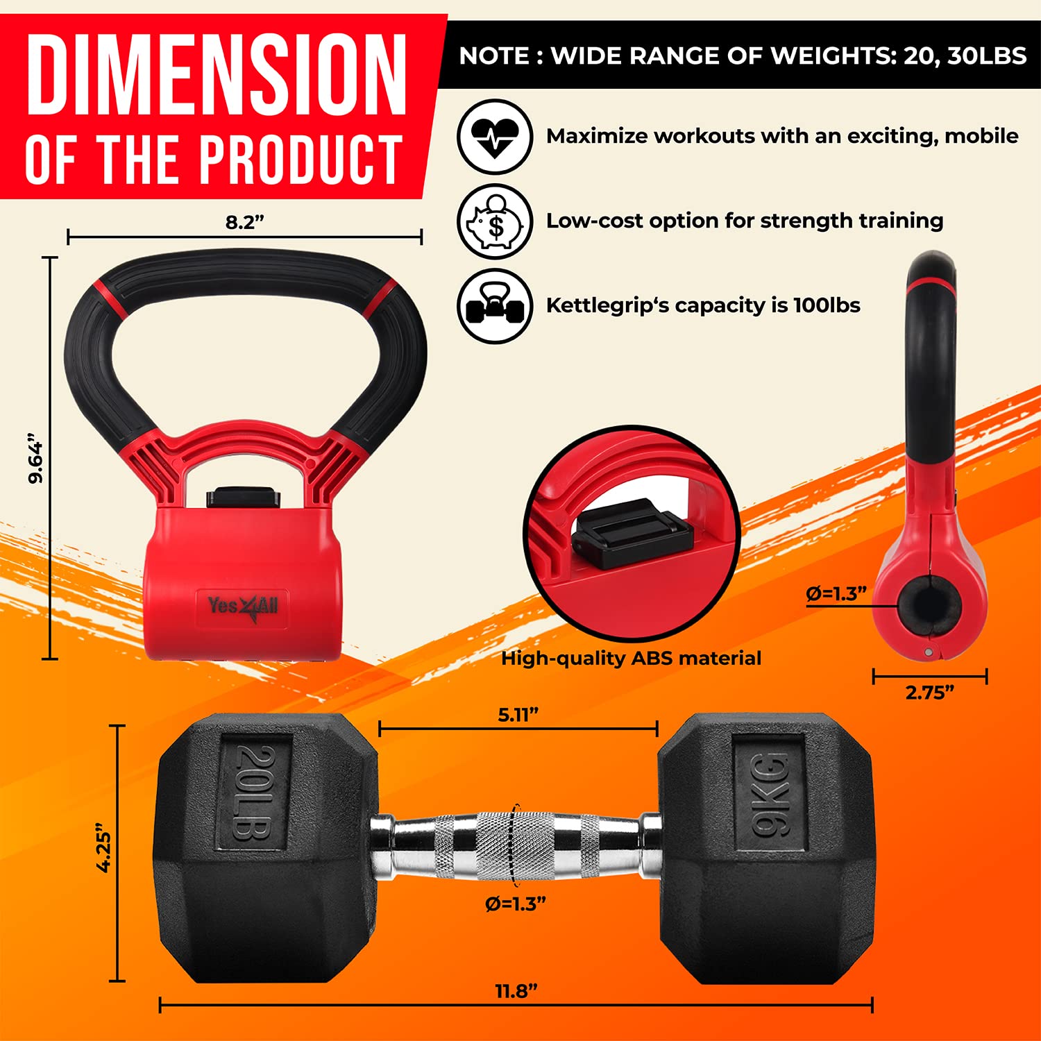 Combo Kettle Grip (Single) + Rubber Hex Dumbbell (Single) - 30Lbs - Red