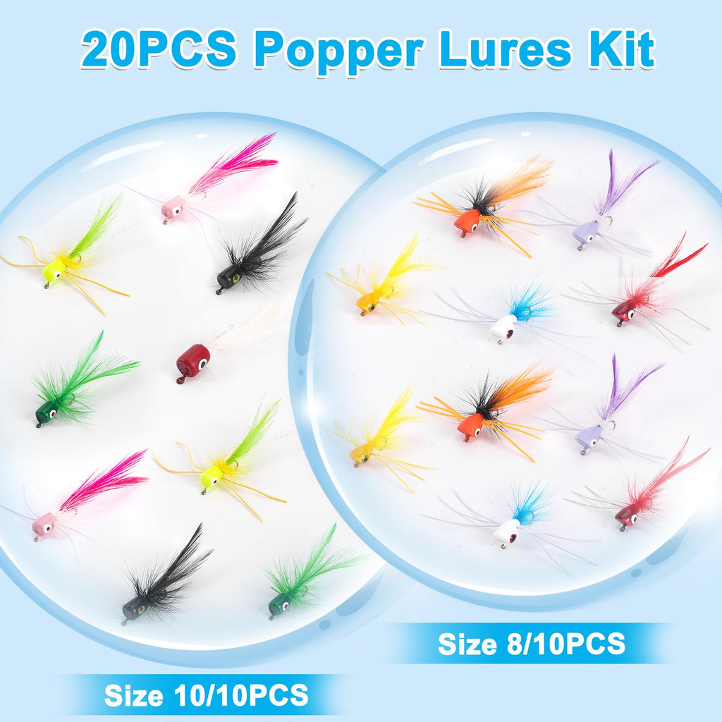 Ansnbo 20Pcs Fly Fishing Popper Flies, Fly Poppers Lure For Bluegill Panfish Crappie Sunfish Salmon Trout Popper Fly Fishing Lur