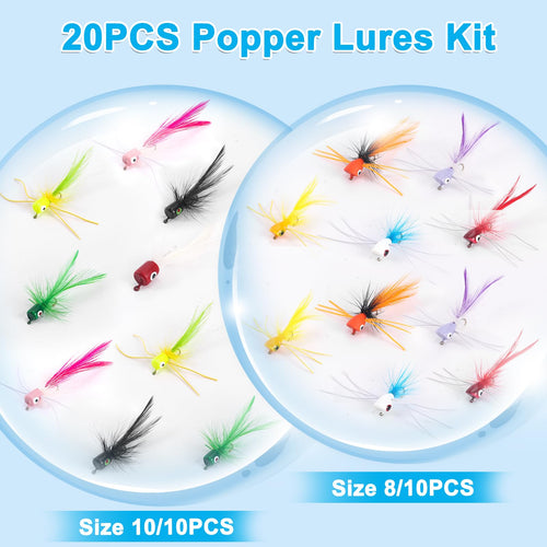 Ansnbo 20Pcs Fly Fishing Popper Flies, Fly Poppers Lure For Bluegill Panfish Crappie Sunfish Salmon Trout Popper Fly Fishing Lur