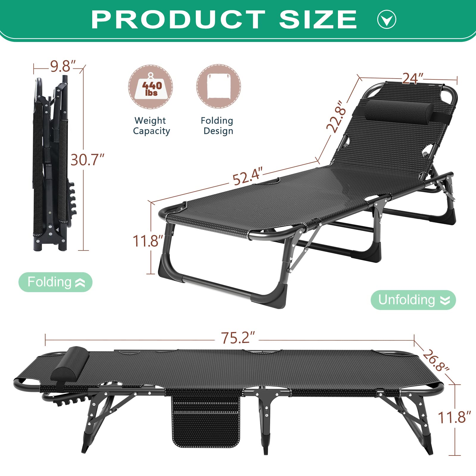 Naizea Folding Camping Cots,Adjustable 4-Gear Sleeping Cots For Adults,Foldable Cot Bed, Folding Chaise Lounge Chair,Portable Re