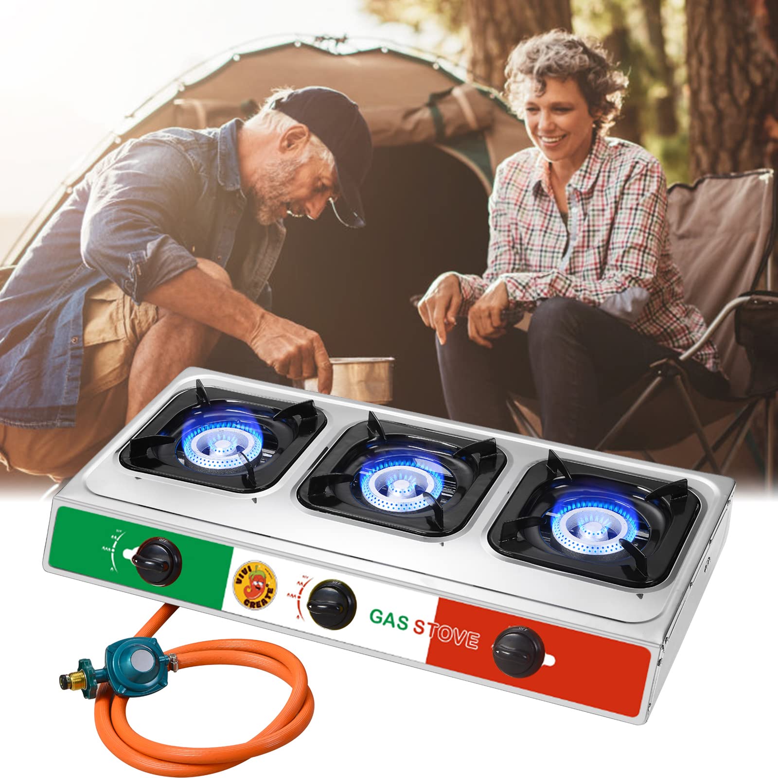 Vivicreate 3 Burner Propane Gas Stove 30000 Btu Stainless Steel Cooktop With Enamel Pan Supports Electronic Ignition For Outdoor