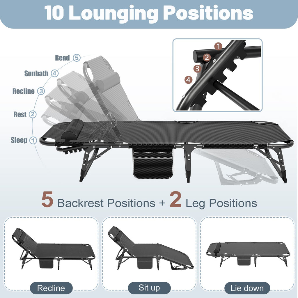 Slsy Sleeping Cots For Adults, 5-Position Folding Chaise Lounge Chairs Outdoor, Portable Folding Bed Cot Lounge Chair For Beach