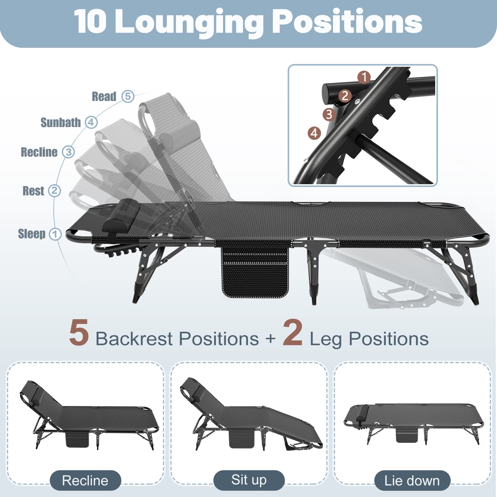 Slsy Sleeping Cots For Adults, 5-Position Folding Chaise Lounge Chairs Outdoor, Portable Folding Bed Cot Lounge Chair For Beach