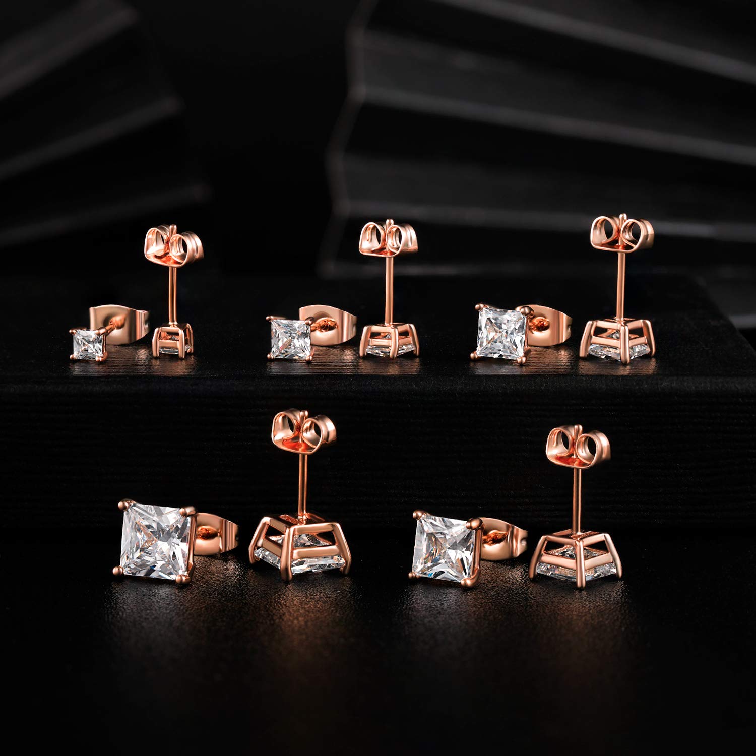 Mdfun 18K Rose Gold Plated Princess Cut Clear Cubic Zirconia Stud Earring Pack Of 5 Pairs
