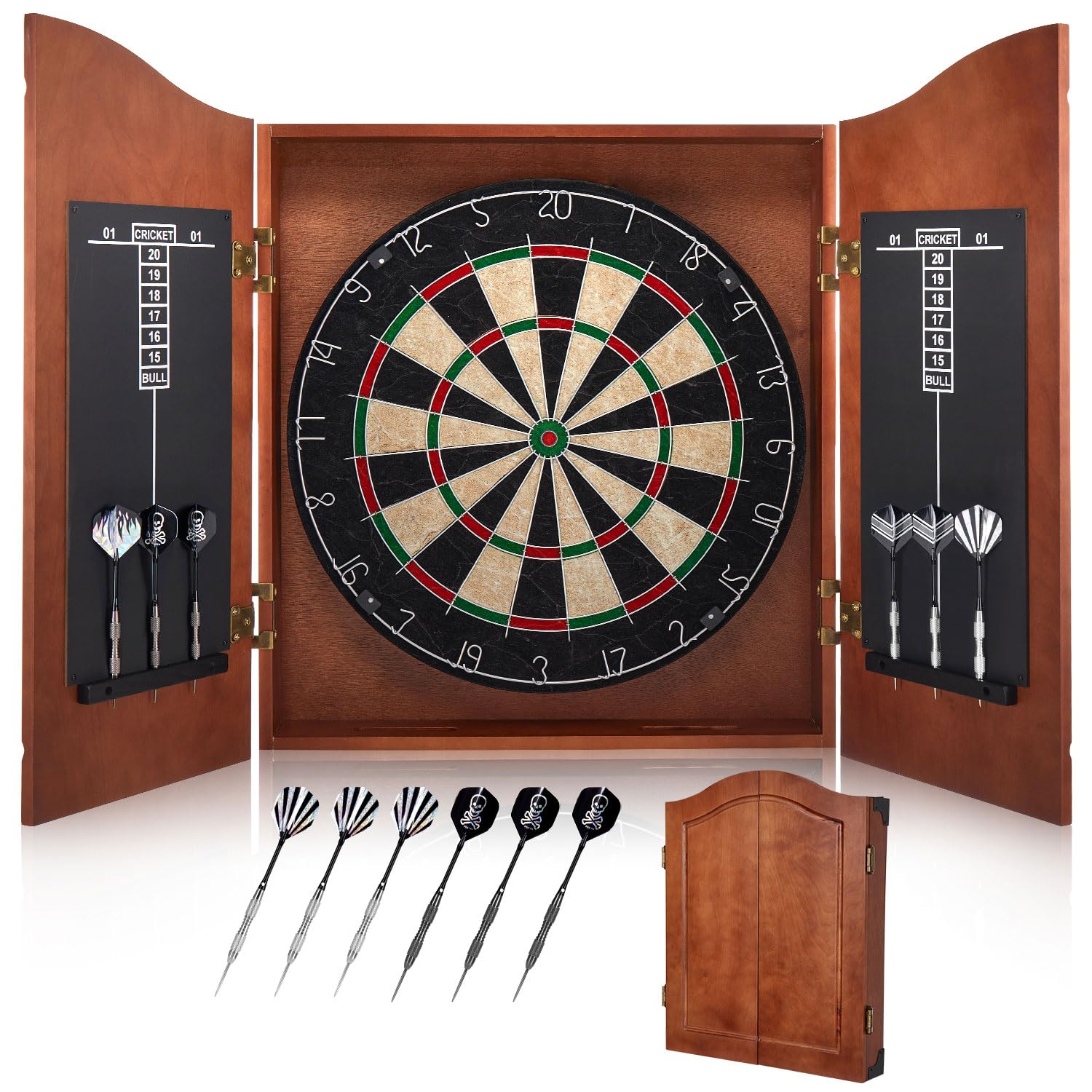 Yirinatek Sisal Dart Board Cabinet Sets, Decorative Dart Boards for Adults [6*Steel Darts] - Wooden Dartboard Cabinet with Integ