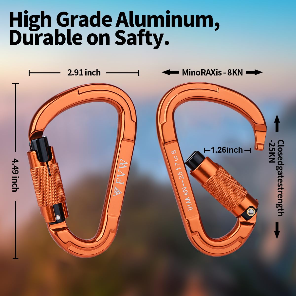 Fvw 5 Pieces Heavy Duty Climbing Carabiners, 25Kn Auto Locking Rock Climbing Carabiners Clips For Hammocks, Swing, Locking Dog L