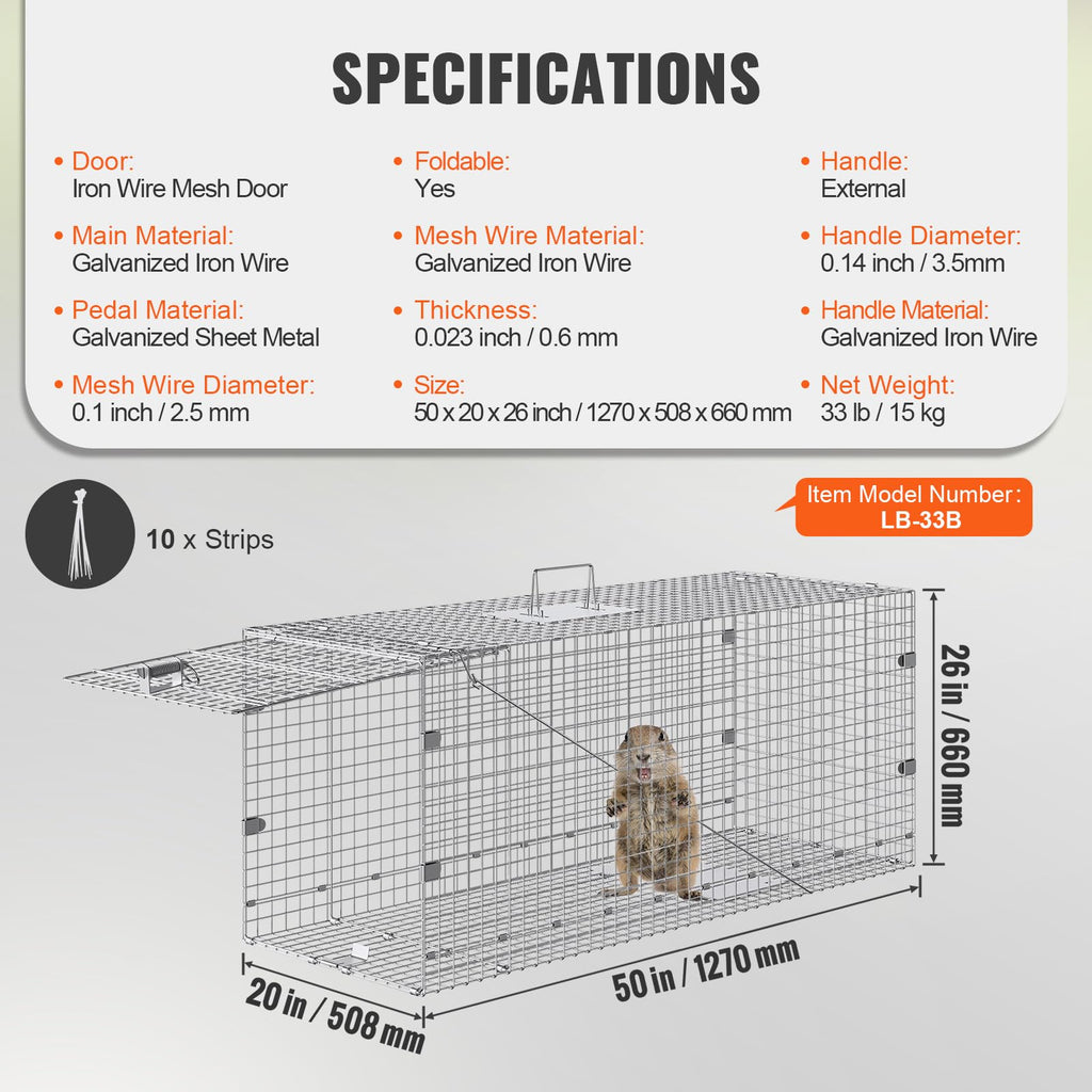 Vevor Live Animal Cage Trap, 50'' X 20'' X 26'' Humane Cat Trap Galvanized Iron, Folding Animal Trap With Handle For Stray Dogs,