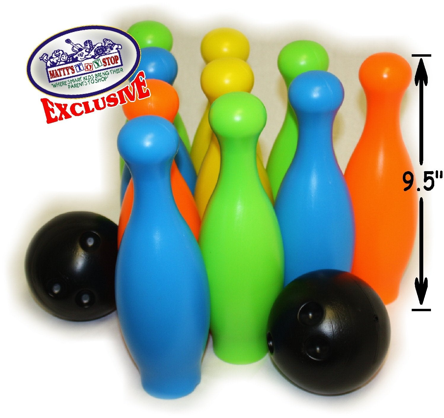 Matty'S Toy Stop 10 Pin Multi-Color Deluxe Plastic Bowling Set For Kids With Storage Rack - 12 Pieces Total (10 Pins & 2 Bowling
