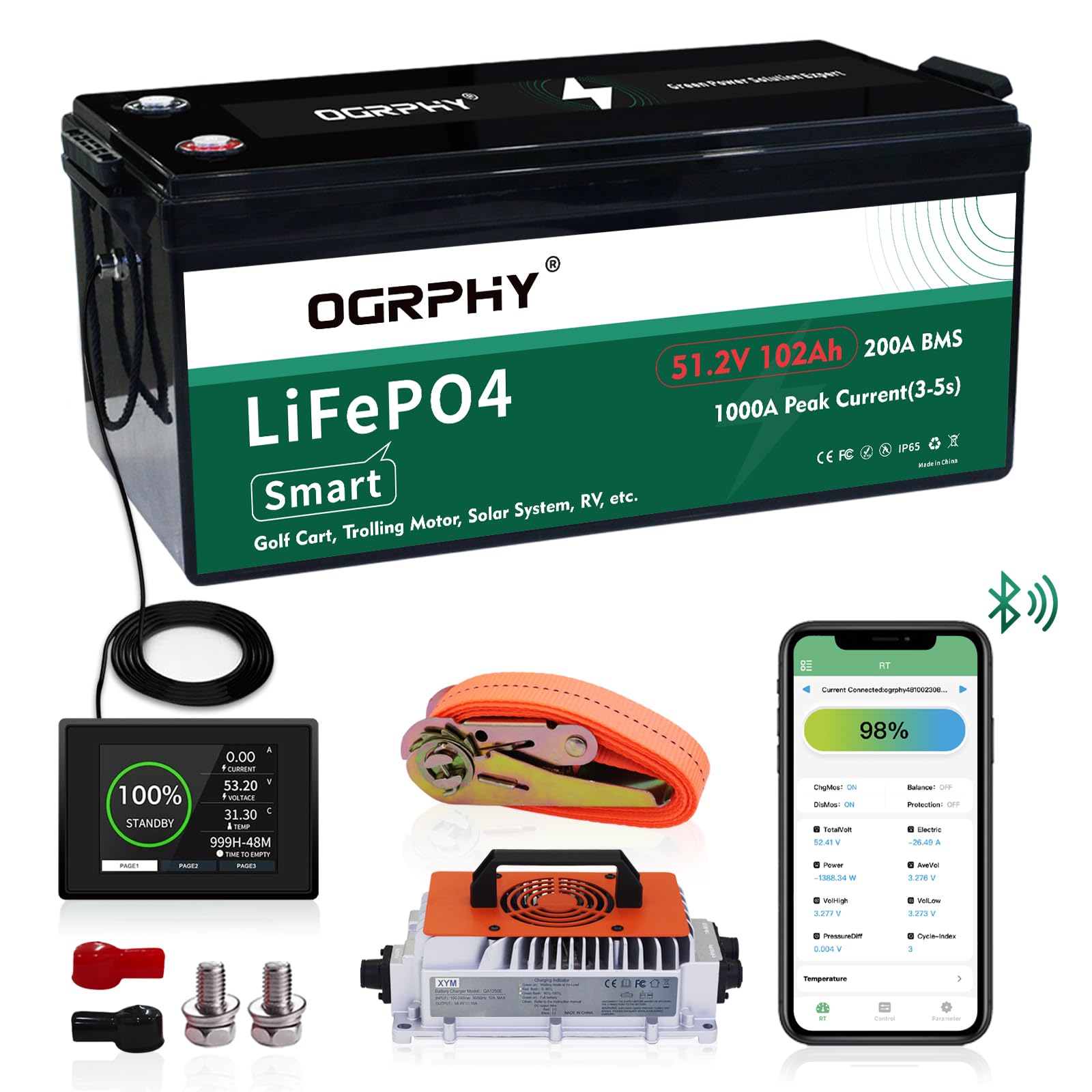 OGRPHY 48V Lithium Golf Cart Battery Conversion Kit, 200A BMS(1000A Peak Current), with Touch Monitor and Retention Strap, 4000+