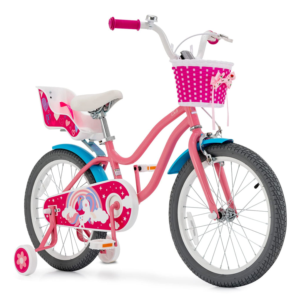 Gymax Kids Bike, 14 18 Inch Kids Bicycle With Training Wheels,Front Handbrake, Basket, Ring Bell & Doll Chair, Toddler Bike For