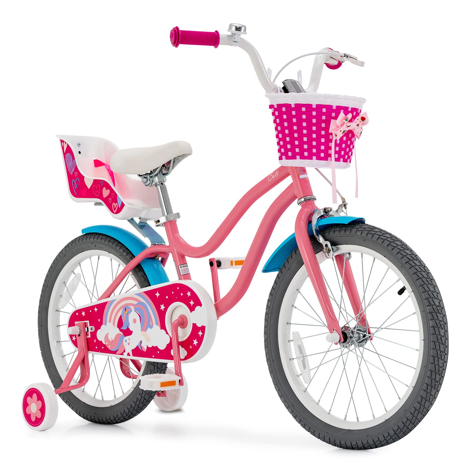 Gymax Kids Bike, 14 18 Inch Kids Bicycle With Training Wheels,Front Handbrake, Basket, Ring Bell & Doll Chair, Toddler Bike For