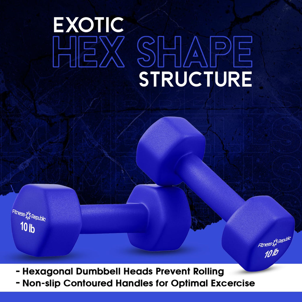 Fitness Republic 10Lb Neoprene Workout Dumbbells Set Of 2 - Non Slip, Anti Roll Exercise & Fitness Dumbbells - Hex Shaped Hand W