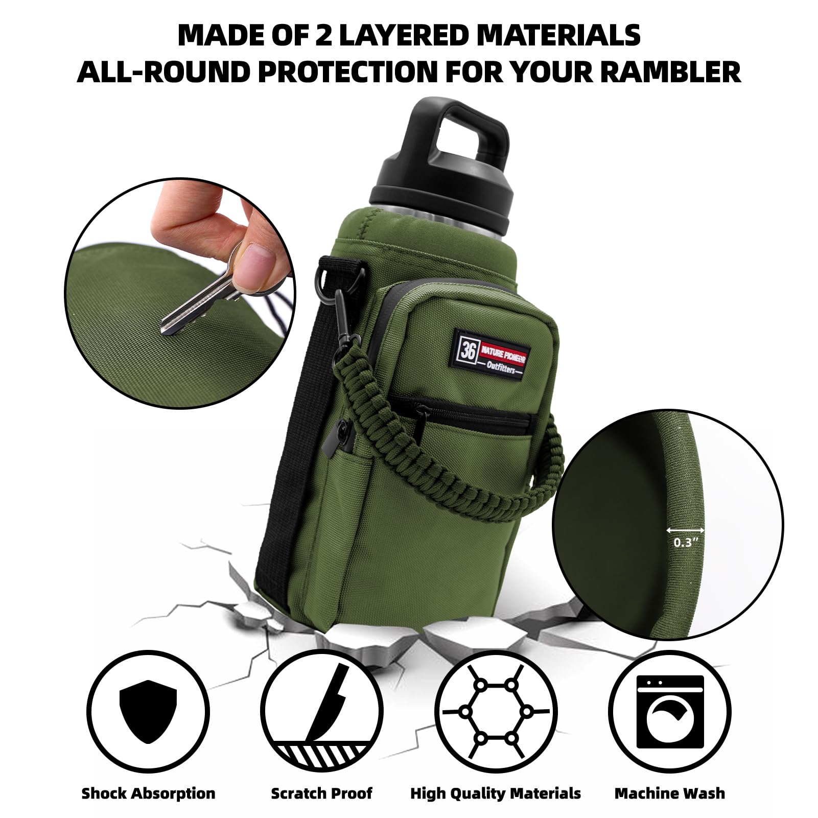 Nature Pioneor Water Bottle Carrier With Adjustable Strap - Insulated Sleeve Pouch Water Bottle Holder Bag With Paracord Handle