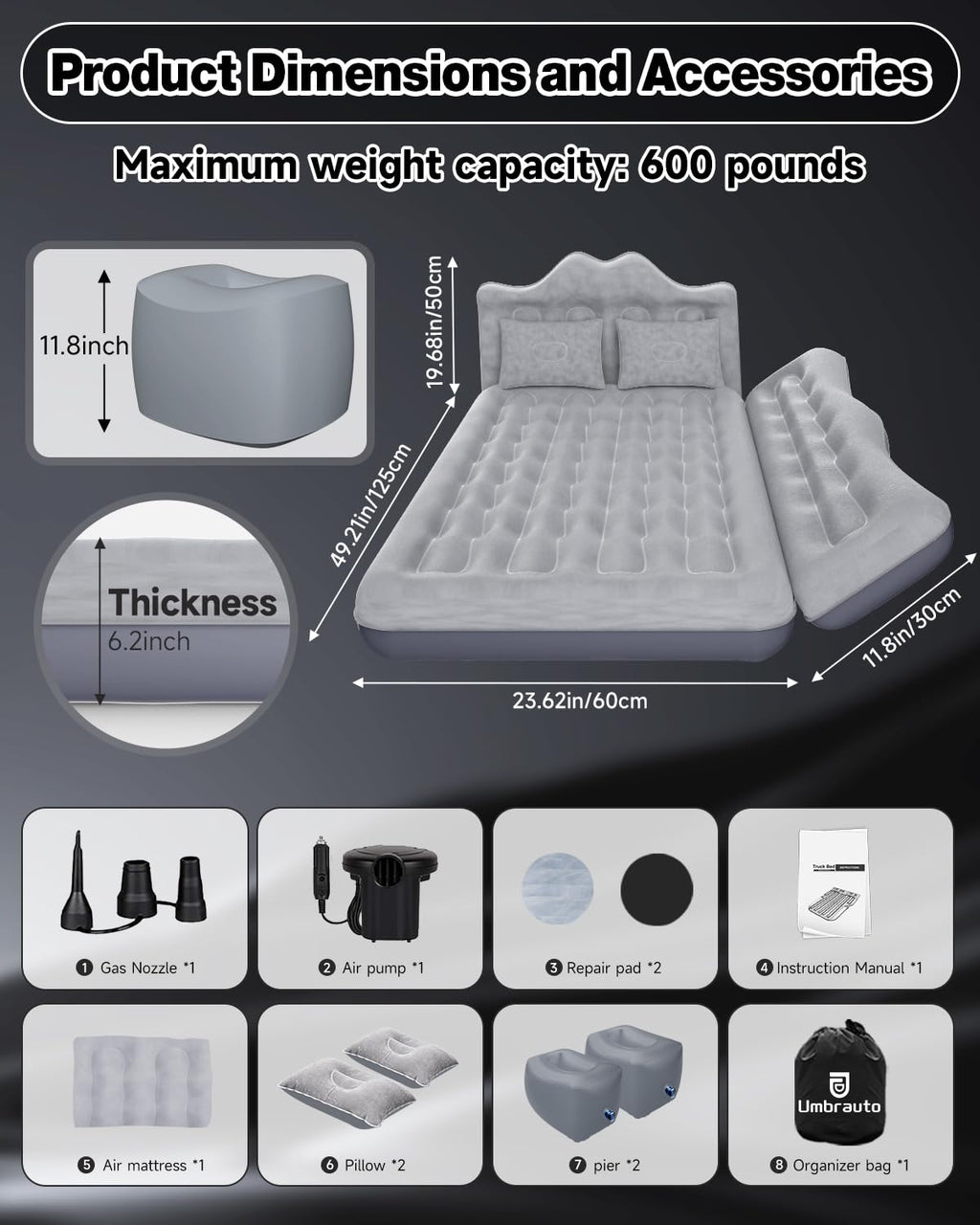Umbrauto Truck Air Mattress Back Seat| Inflatable Car Camping Mattress Bed For Back Seat, Suv Blow Up Rear Seat Sleeping Airbed