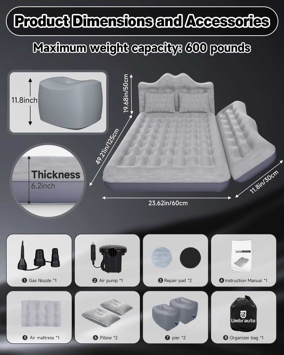 Umbrauto Truck Air Mattress Back Seat| Inflatable Car Camping Mattress Bed For Back Seat, Suv Blow Up Rear Seat Sleeping Airbed