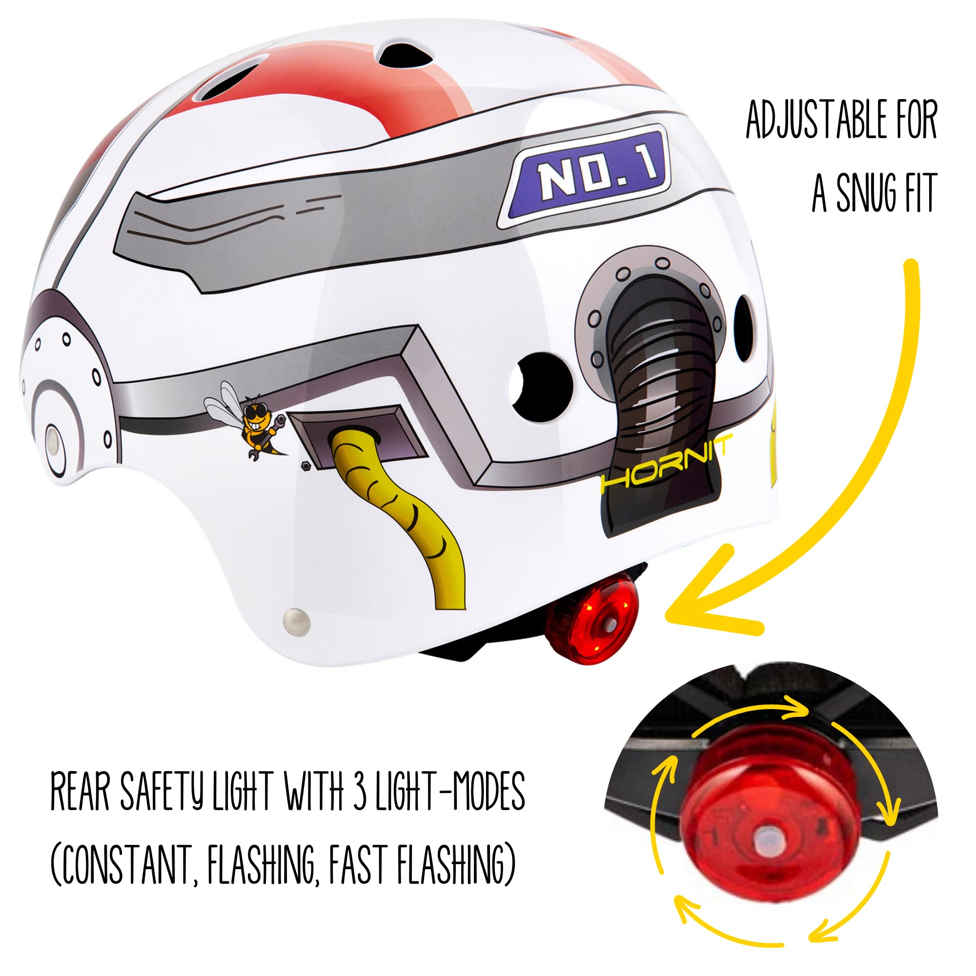Hornit Mini Lids Kids Helmet. Fully-Adjustable Multi-Sport Hard Shell Helmet With Rear Safety Light, Small, Major Tom