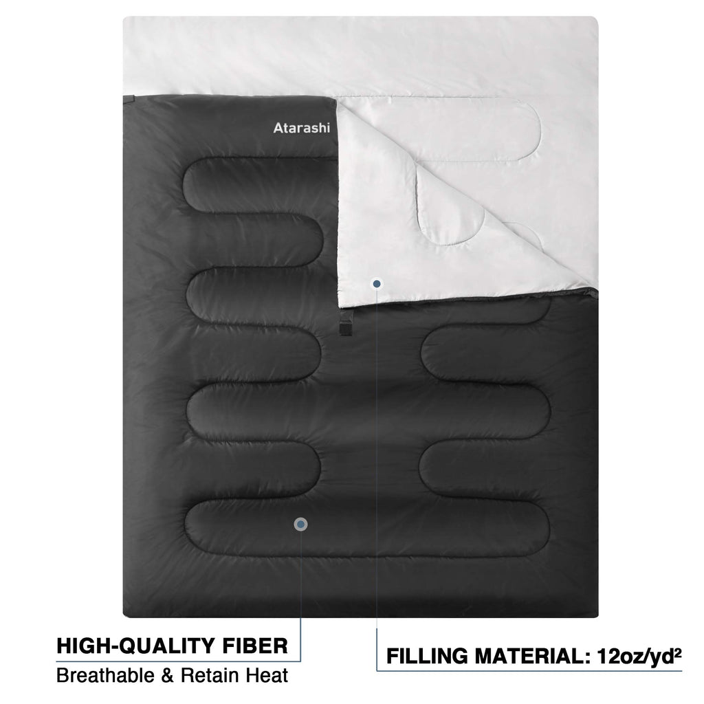 Atarashi Double Sleeping Bags For Adults, 3-4 Seasons Extra Wide Xl Queen Size Two Person Sleeping Bag, Couple Black Sleeping Ba
