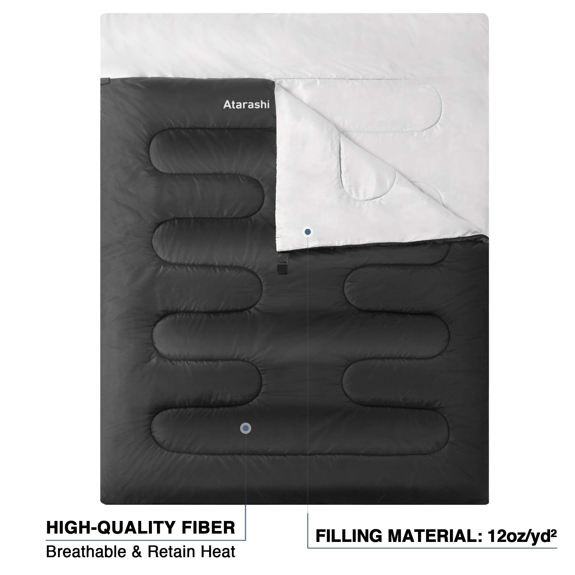 Atarashi Double Sleeping Bags For Adults, 3-4 Seasons Extra Wide Xl Queen Size Two Person Sleeping Bag, Couple Black Sleeping Ba